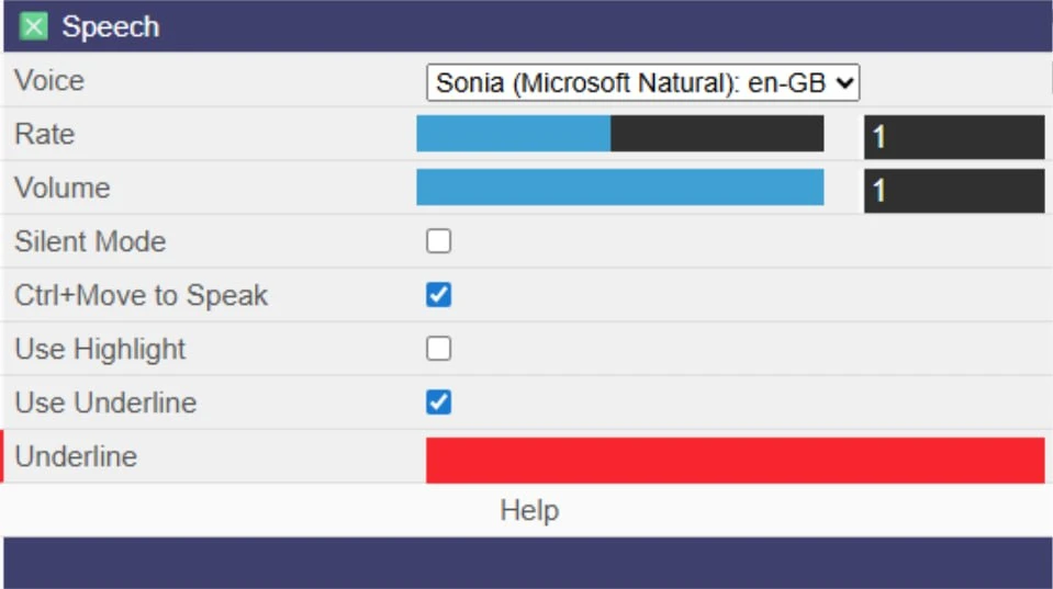 Sensory PDF Reader settings panel showing voice selection, pitch, speaking rate, volume and highlight colour options
