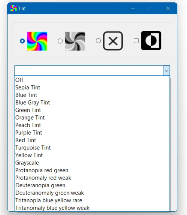 Sensory Tint preset colour and effect options dropdown list