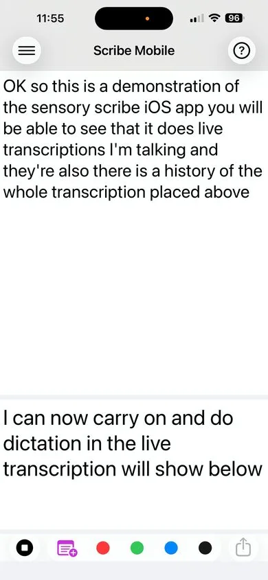 Sensory Scribe Mobile main screen showing the finalized transcript in the upper area, live recognition text in the lower area, and the recording controls toolbar at the bottom