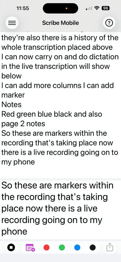 Sensory Scribe Mobile with markers being inserted during recording — transcript text shows Red, Green, Blue, Black and page markers added at different points