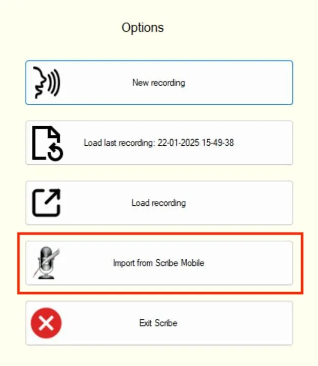 Sensory Scribe Import Mobile button for loading recordings from the Scribe iOS app
