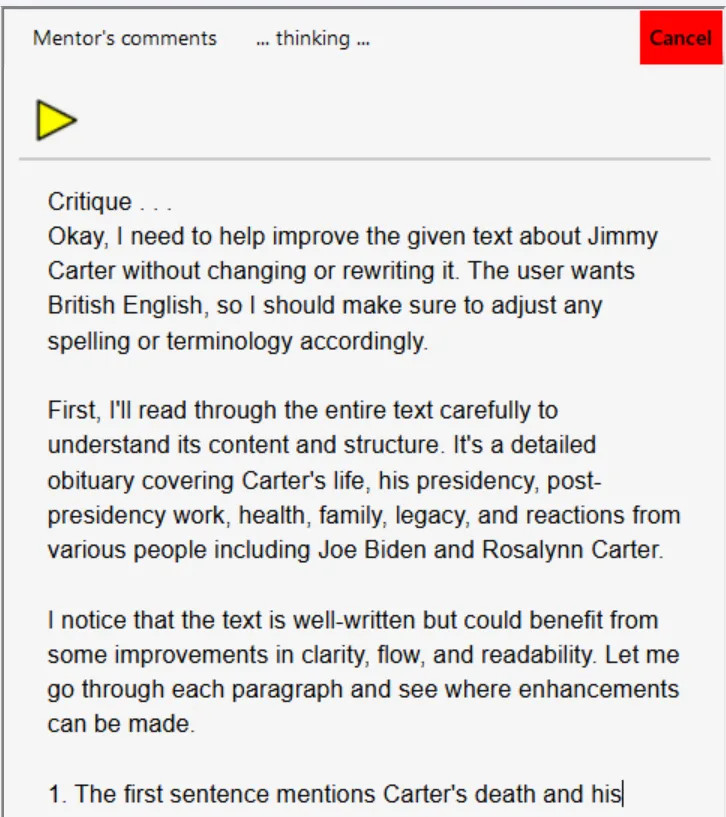 Sensory Writeable Critique analysis output showing comprehensive writing feedback on an article